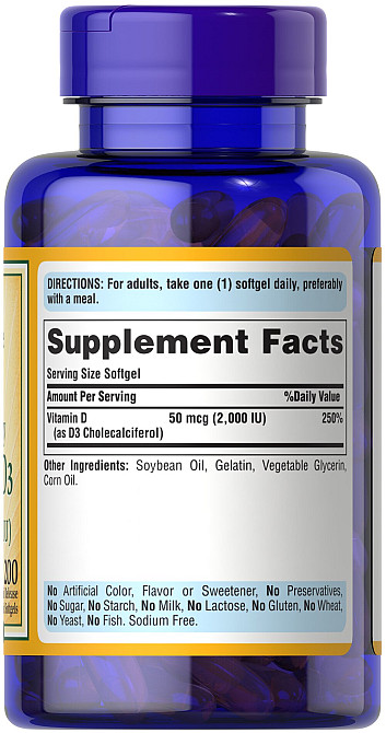 Витамин D-3 Puritan's Pride Vitamin D3 2000 IU (50 mcg), 200 гелевых капсул Луцк - изображение 2