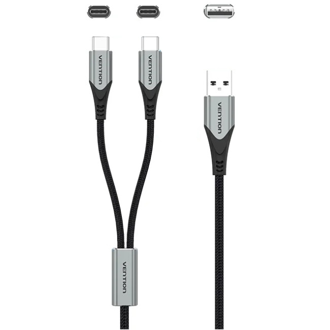 Кабель USB 2.0 AM - 2хType-C M, 1.0 м Y-Splitter Charging Cable 2.4А 480Mbps Aluminum Alloy Vention Вінниця - фото 2