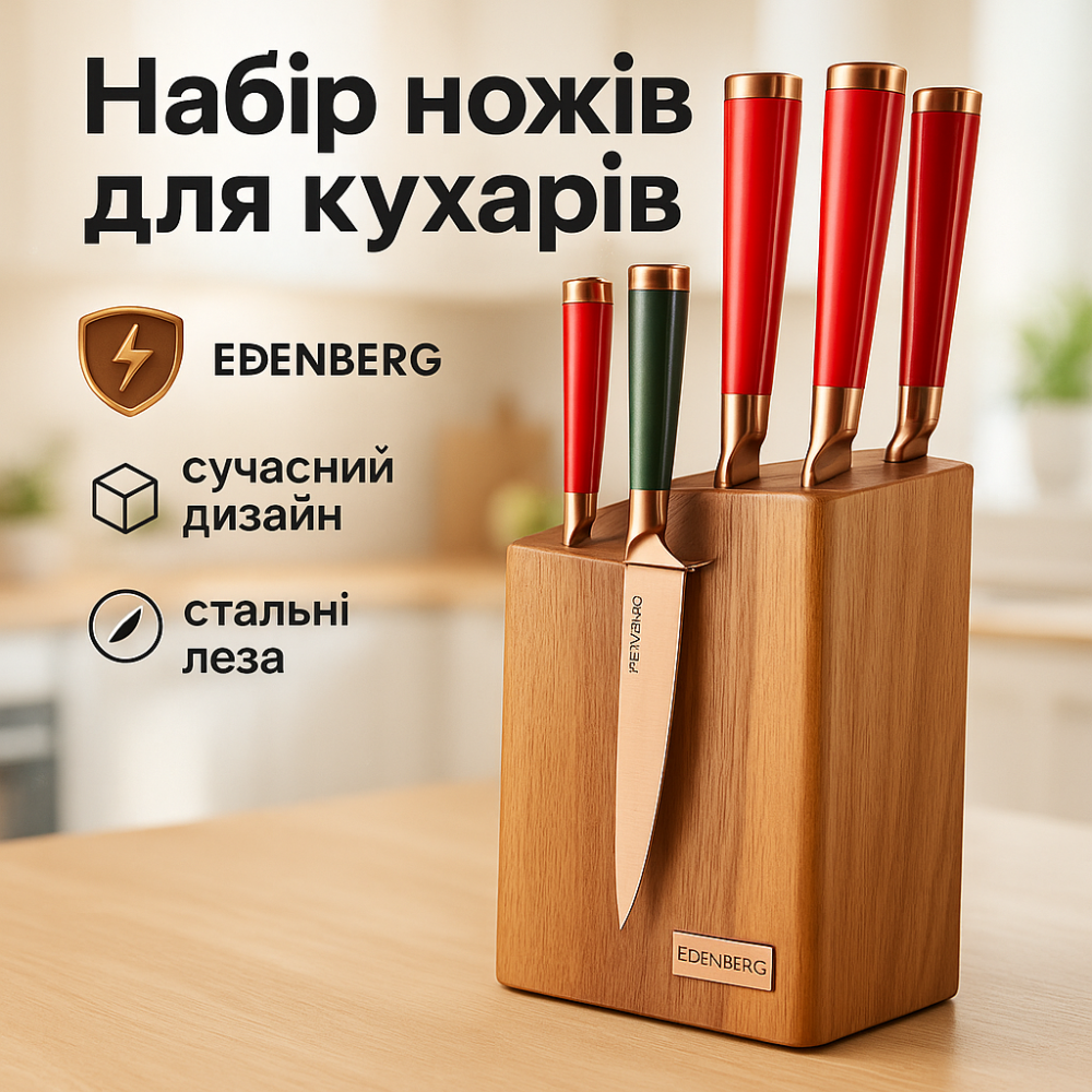 Набір кухонних ножів Edenberg EB-11029 з дерев'яною підставкою 7 предметів Red MQ-31 Львів - фото 14