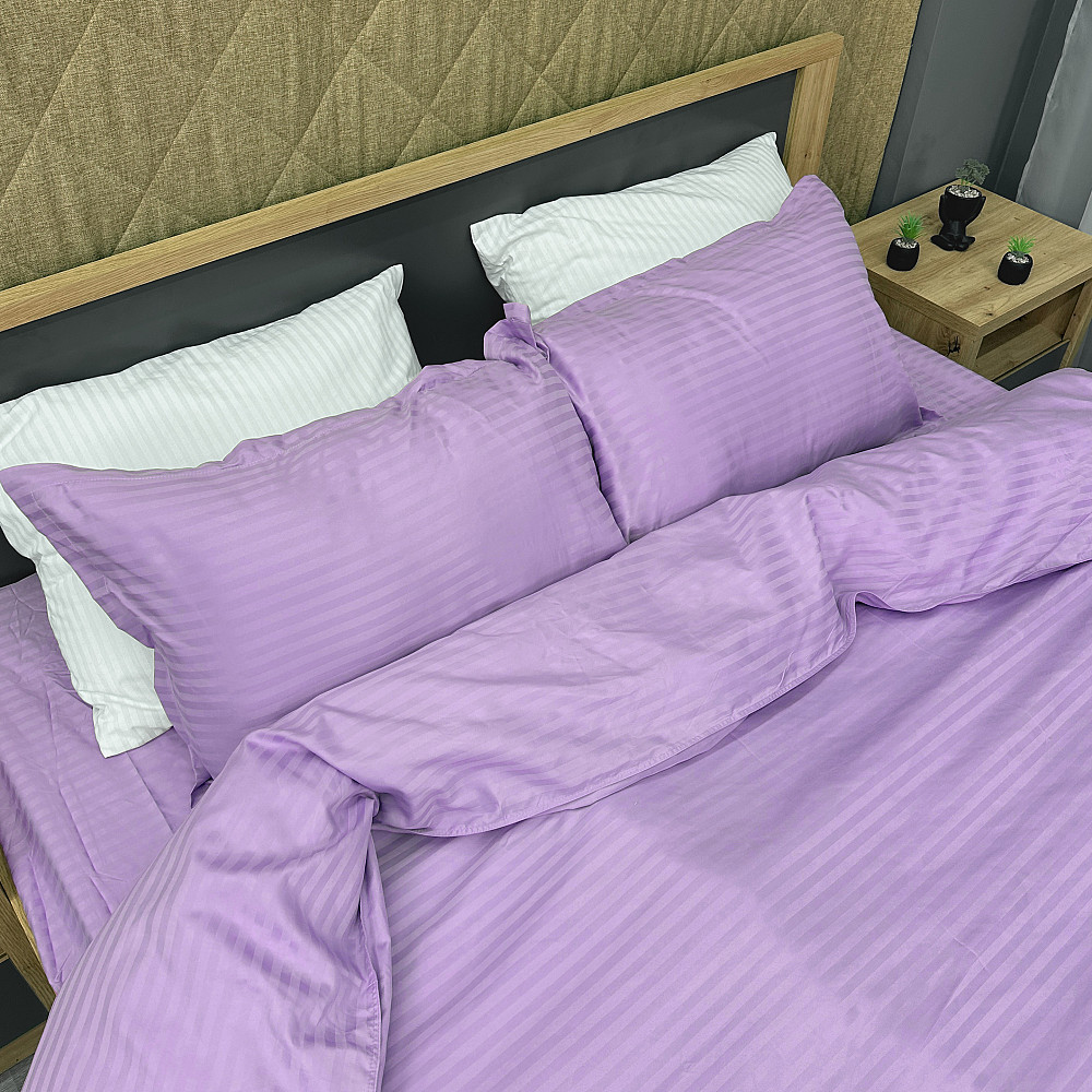 Комплект постільної білизни Страйп-сатин Євро 200х230 з простирадлом на резинці Лавандовий (88-176) Київ - фото 1