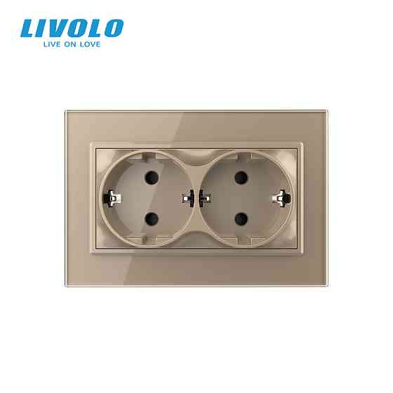 Подвійна електрична розетка в один підрозетник з заземленням LIVOLO, золота, скляна рамка, 250В 16А (VL-C7CTF16A.TF16A-AP) Коломыя