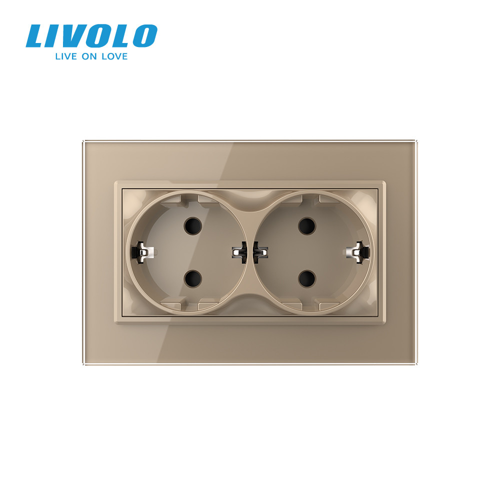 Подвійна електрична розетка в один підрозетник з заземленням LIVOLO, золота, скляна рамка, 250В 16А (VL-C7CTF16A.TF16A-AP) Коломыя - изображение 6