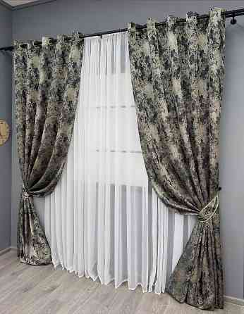 Комплект штор на люверсах VR-Textil Льон Преміум № 1694ш Чорний з бежевим 150х280 см 2 шт (37-0246) Київ