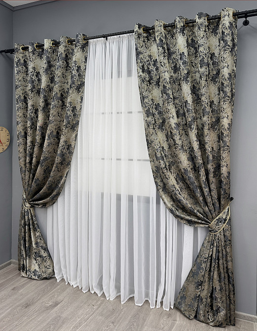 Комплект штор на люверсах VR-Textil Льон Преміум № 1694ш Чорний з бежевим 150х280 см 2 шт (37-0246) Київ - фото 3