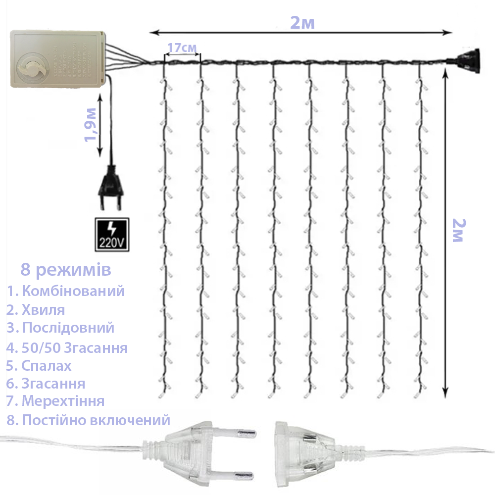 Світлодіодна гірлянда-завіса Christmas Decoration 240LED 220В 2x2м Різнокольорова Київ - фото 4