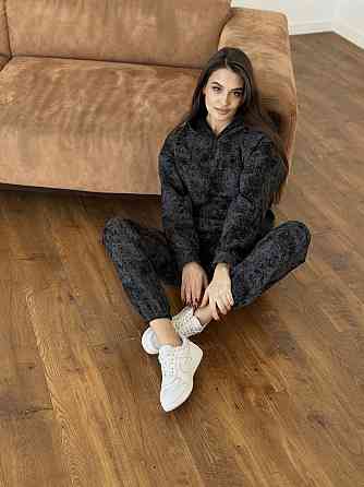 Теплый костюм женский мраморный принт на флисе Черный L-XL Харьков