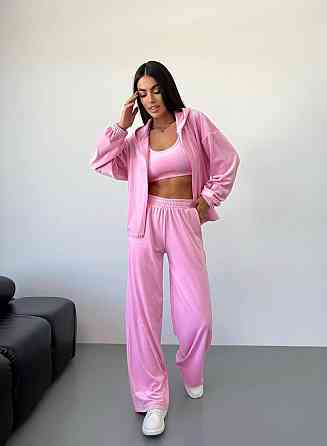 Женский стильный прогулочный костюм тройка: кофта топ и брюки из мягкого велюра Барби, 42/44 Одесса