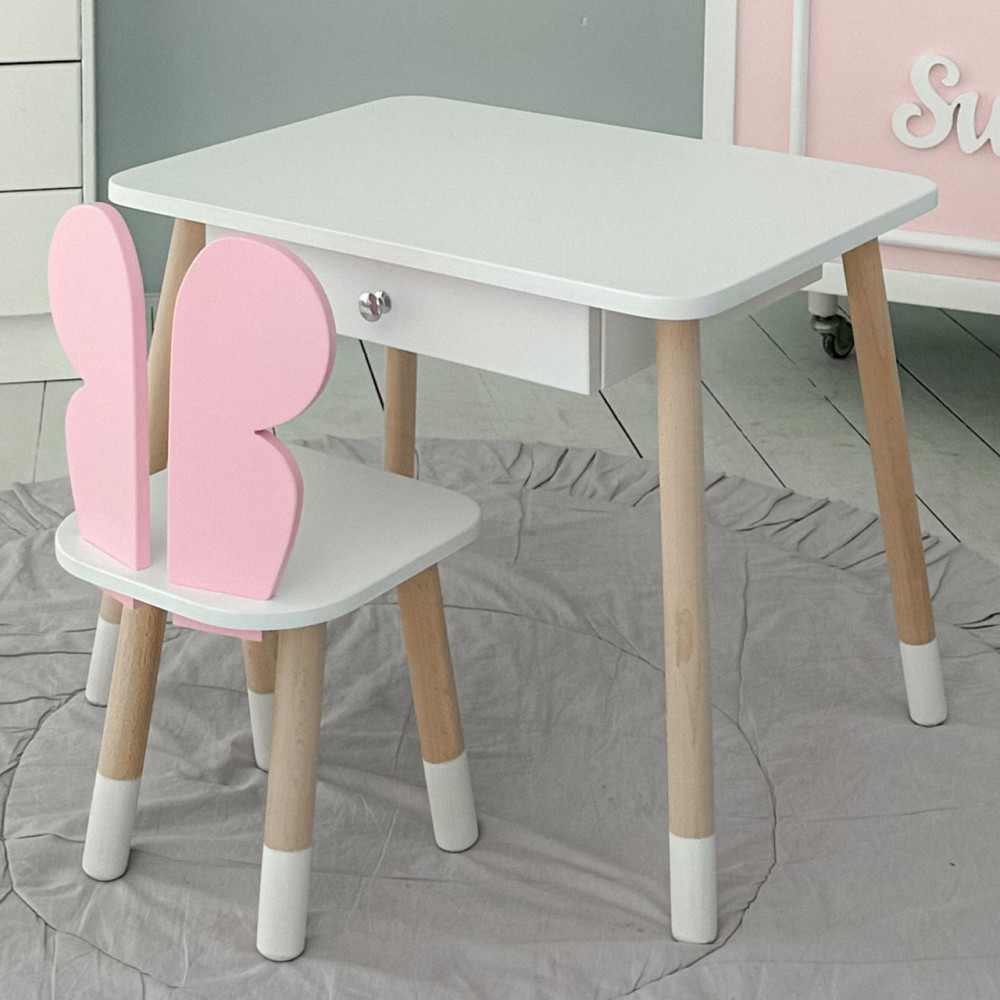 Стол прямоугольный с выдвижным ящиком 46х60х45 и стул бабочка 26х26х24, столик и стульчик для девчачьей комнаты, розовый с белым Каменское - изображение 18