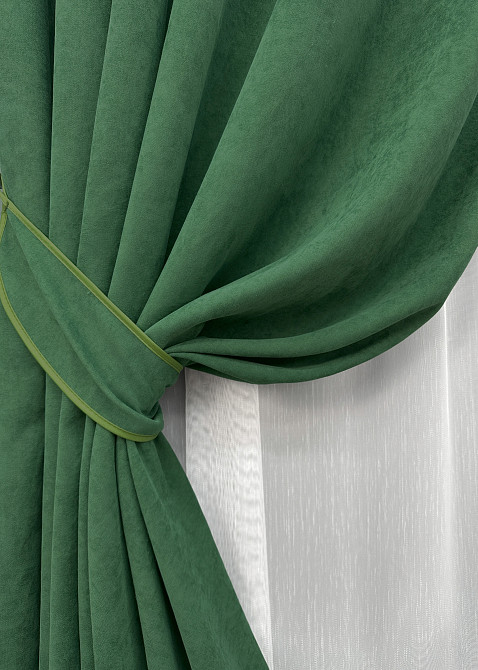 Комплект штор VR-Textil Микровелюр Petek 150х270 2шт и Тюль 400х270 1709ш-1153т Зеленый с белым 71-032/3 Киев - изображение 4