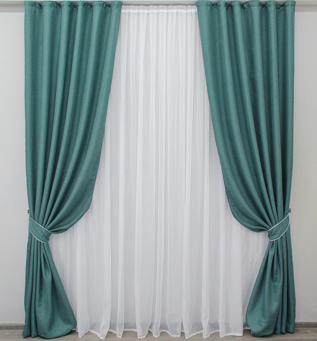 Комплект готових штор VR-Textil Льон-блекаут Льон Мішковина № 511ш Бірюзовий 100х270см 2 шт (31-158) Київ - фото 1