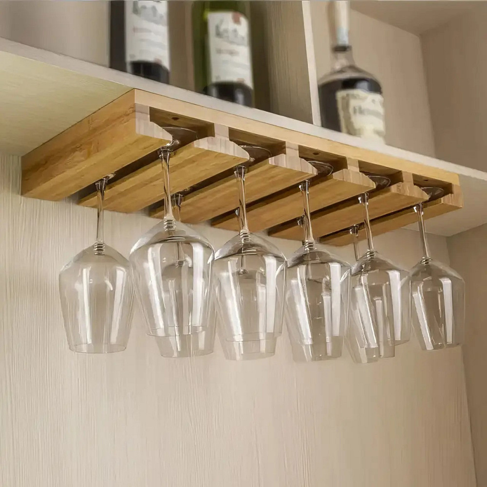 Бамбуковая подвесная полка для бокалов, органайзер подвесной для бара и кухни из бамбука для бокалов 10 шт на ножке Каменец-Подольский - изображение 5