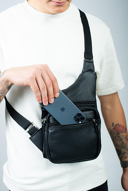 Сумка-слінг із натуральної шкіри, сумка через плече чоловіча SL017 (Чорна) Суми - фото 2