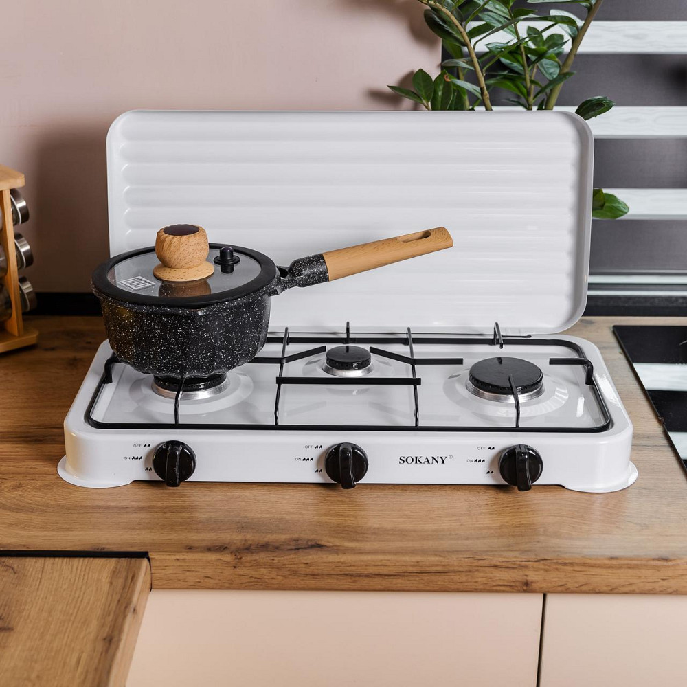 Настольная газовая плита на 3 конфорки Sokany 5.5 кВт Белая Lugi SK-6003W Киев - изображение 9