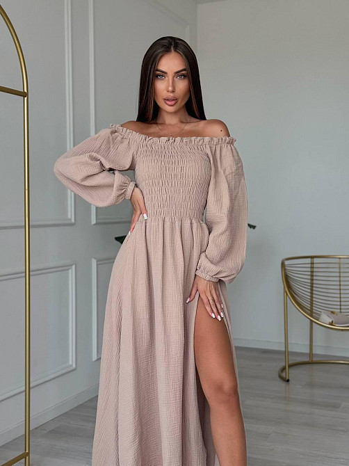 Жіноче романтичне плаття максі з натуральної тканини муслін 100% бавовна Беж, 46/48 Одеса - фото 2