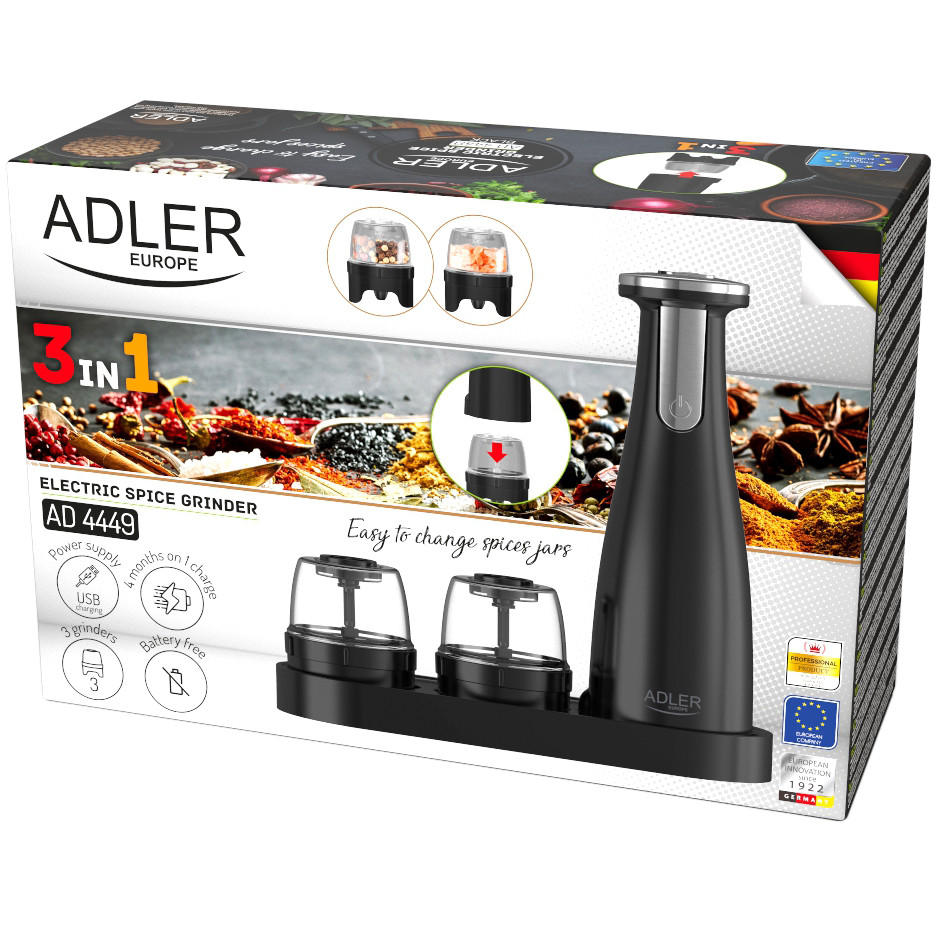 Млинок для спецій Adler AD 4449 black електричний/150мл/керамічні жорна/USB-C/3 змінні млинки/чорний Винница - изображение 9