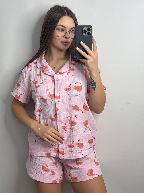Мусліновий комплект жіночий шорти і сорочка Фламінго S Харків - фото 1