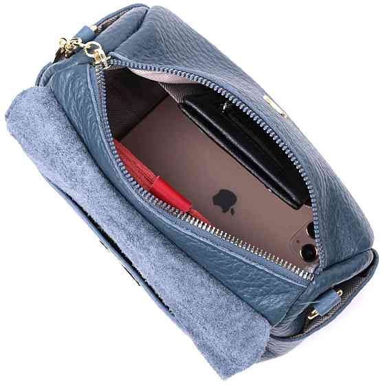 Отличная кожаная женская сумка с оригинальной плечевой лямкой Vintage 22402 Синяя Киев