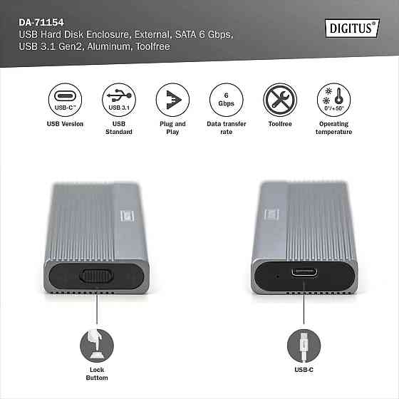 Корпус для M.2 SSD Digitus DA-71154 серый USB 3.1 Gen2 Type-C 6Gbps SATA B-Key 2230/2242/2260/2280 tool-free Киев