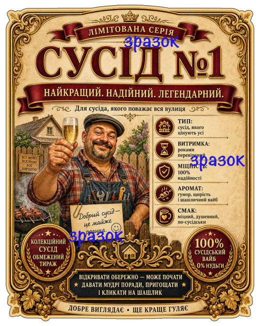 Етикетки на пляшку вина або ігристого для сусіда “Сусід №1” | Прикольний подарунок сусіду Одеса - фото 3