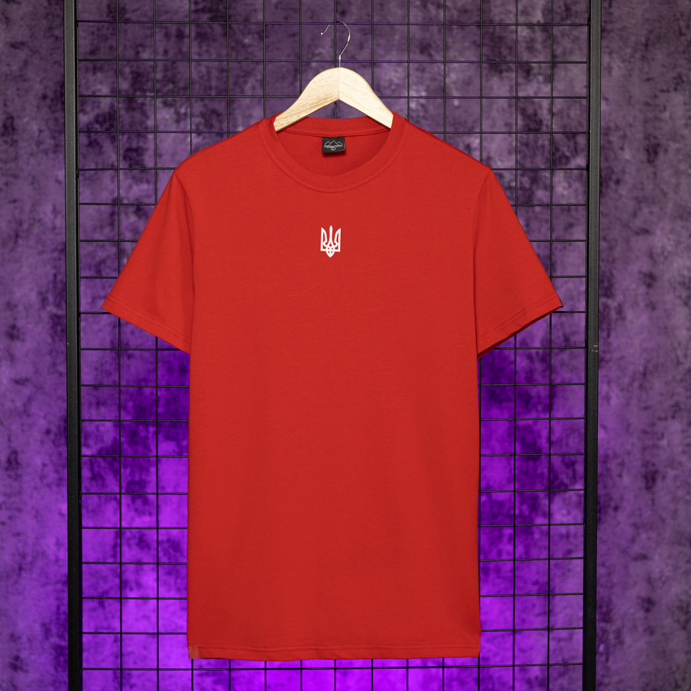 Футболка чоловіча однотонна червона Pobedov Peremoga - Герб біла вишивка Київ - фото 1