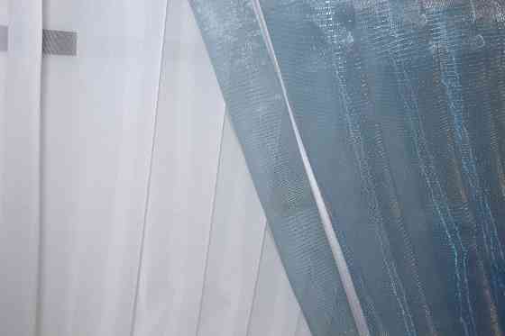 Кухонные шторки VR-Textil № 101к с подвязками молочный с голубым 330х170 см (52-0308) Киев