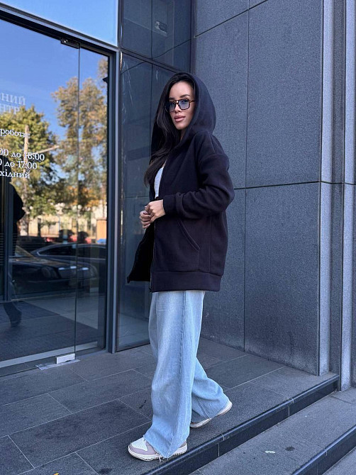 Женская теплая кофта оверсайз с капюшоном на молнии турецкий флис Черный, 46/48 Одесса - изображение 2