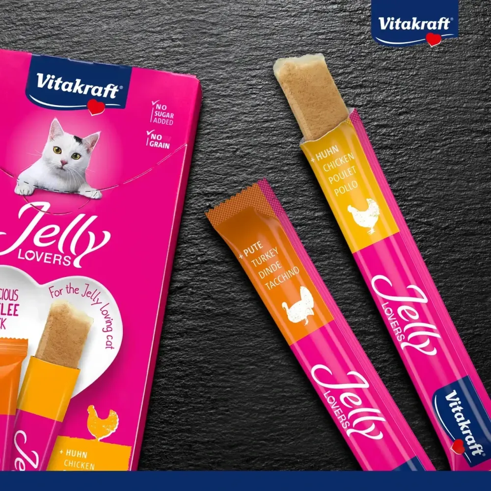 Низькокалорійне желе для котів Вітакрафт Vitakraft Jelly Lovers з куркою та індичкою (2 смаки), 6 шт × 15 г Вінниця - фото 4