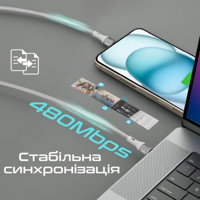 Дата кабель USB-C to USB-C 1.2m 60W PD FletchLink-CC grey Promate (fletchlink-cc.grey) Винница - изображение 5
