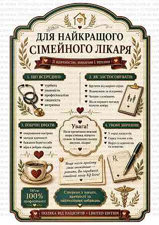 Етикетка на пляшку вина або ігристого для сімейного лікаря “Для найкращого сімейного лікаря” | Подарункова етикетка та контретикет Одеса