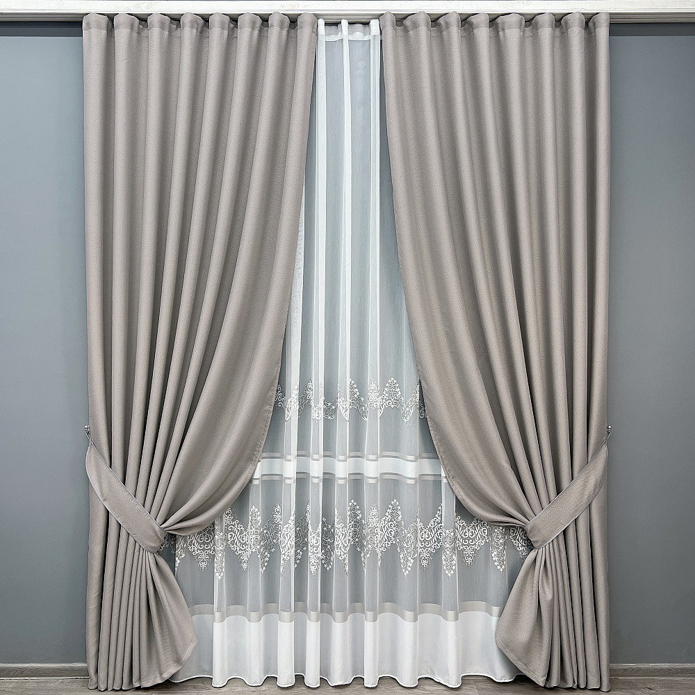 Комплект штор VR-Textil Льон Мішковина 200х270 2шт і Тюль 500х270 867ш-1708т Світло-сірий з білим 71-181/6 Київ - фото 1