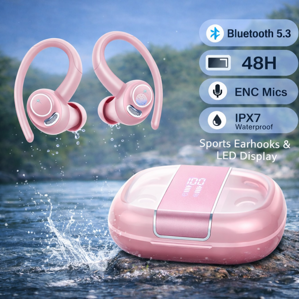 Бездротові навушники VKROBAG V90 Bluetooth 5.3, ENC шумозаглушення, 48 год автономності, IPX7, LED дисплей, спортивні TWS, рожеві Київ - фото 1