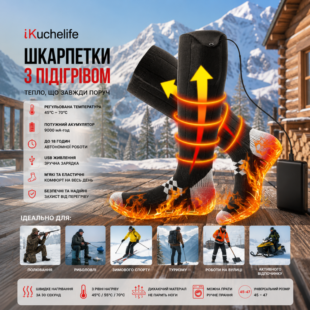 Шкарпетки з підігрівом iKuchelife 9000 мА·год до 18 годин, термошкарпетки 45–70°C USB для полювання, риболовлі та зимового спорту Київ - фото 10
