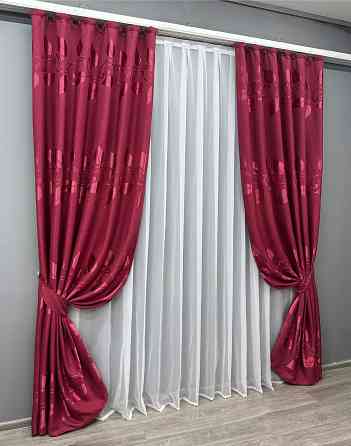 Комплект готових штор VR-Textil Льон Рогожка № 1721ш Рубіновий 150х270 см 2 шт (33-0628) Київ