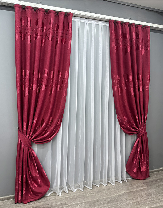 Комплект готових штор VR-Textil Льон Рогожка № 1721ш Рубіновий 150х270 см 2 шт (33-0628) Київ - фото 3