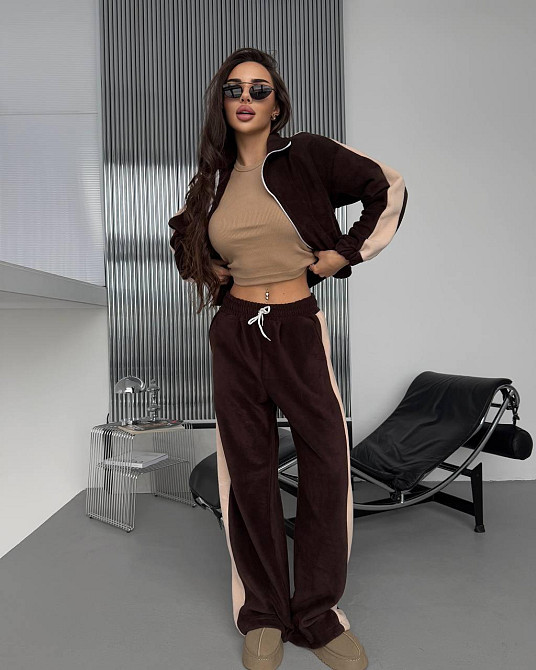 Жіночий теплий повсякденний костюм із лампасами, двобічний фліс Шоколад Одеса - фото 8