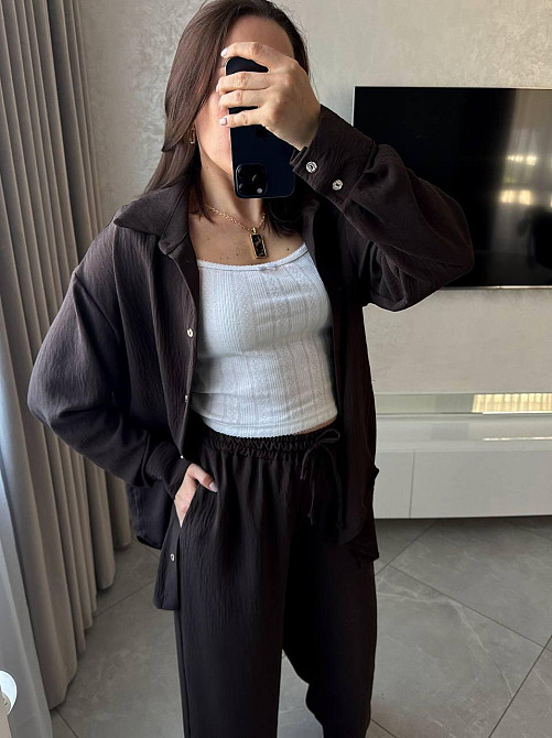 Жіночий базовий костюм-штани: сорочка та штани ролекс Шоколадний, 54/58 Одеса - фото 3