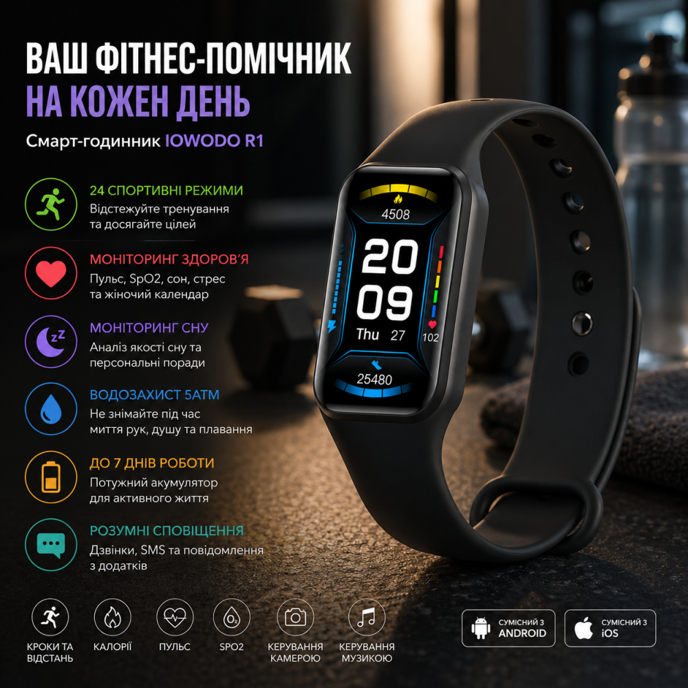 Уцінка Смарт-годинник IOWODO R1, фітнес-трекер 1.47", 24 спортивні режими, SpO2, пульс, сон, 5ATM, для Android та iOS, чорний Київ - фото 4