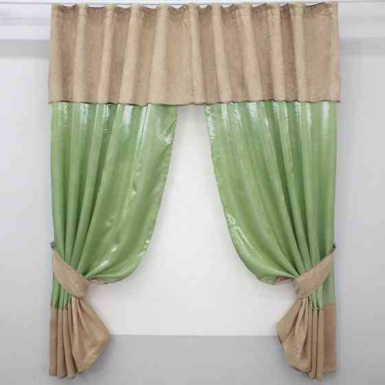 Кухонные шторы VR-Textil № 073к с ламбрекеном и подхватами светло-оливковый с песочным 270х170 см (52-0475) Киев