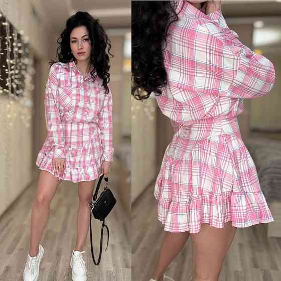 Жіночий стильний костюм-двійка: сорочка та спідниця в клітинку бавовна тіар Рожевий, 42/44 Одеса