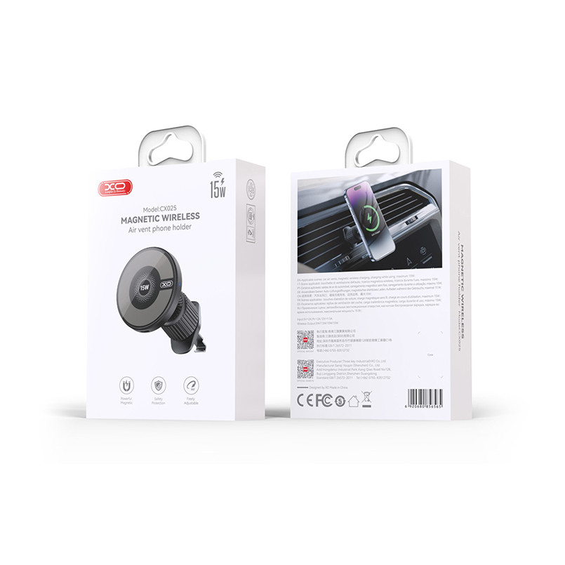 Тримач телефону автомобільний XO з бездротовою зарядкою CX025 Magnetic Car Air Vent 15W чорний Львів - фото 10