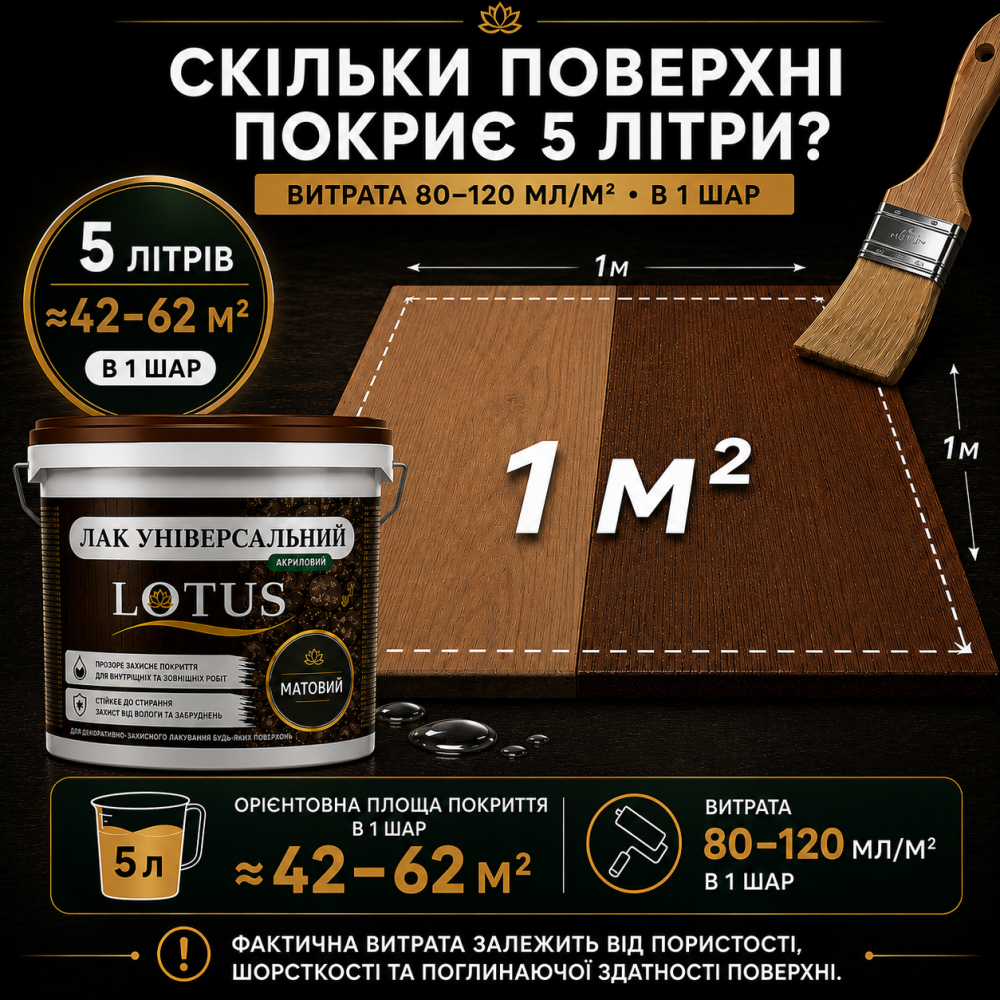 Лак універсальний акриловий LOTUS прозорий матовий без запаху зносостійкий для дерева, каменю, бетону та інших поверхонь 5 л Харків - фото 8