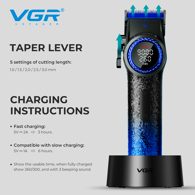 Машинка для стрижки VGR V-001 Blue (10 насадок) 4600 mAh LED дисплей Вінниця - фото 4
