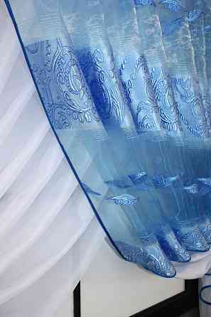 Кухонные шторки VR-Textil № 111к комбинированные белый с голубым 400х170 см (52-0787) Киев