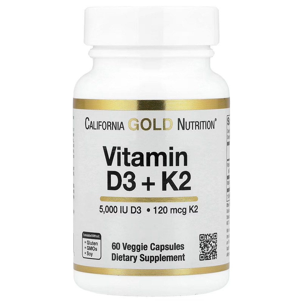 Комплекс витаминов D3 и K2 California Gold Nutrition Vitamin D3 + K2 as MK-7, 60 Veggie Capsules Луцк - изображение 1