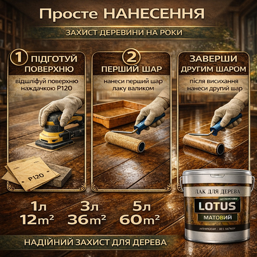 Лак для дерева LOTUS матовий акриловий прозорий без запаху зносостійкий універсальний для підлоги меблів та фасаду 3 л Харків - фото 9