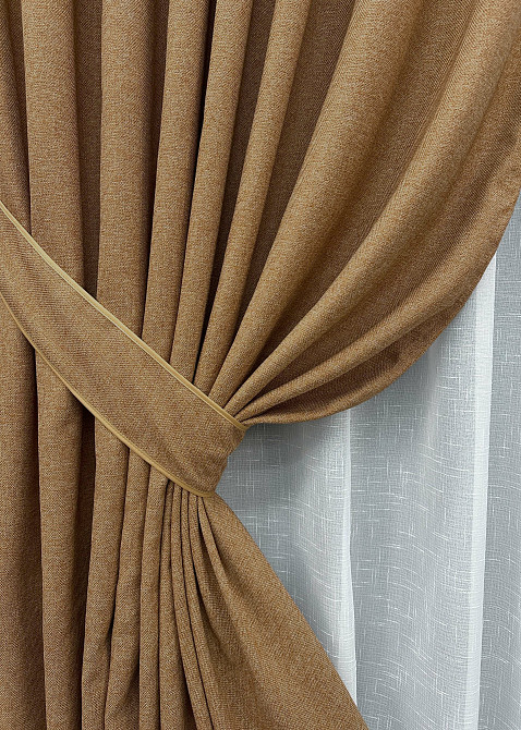 Комплект штор VR-Textil лен премиум ELEMENTA 100х270 2шт и Тюль 300х270 1865ш-115т светло-коричневый с белым 71-071/1 Киев - изображение 4