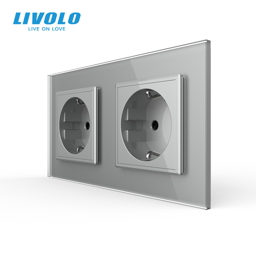 LIVOLO Подвійна електрична розетка з заземленням LIVOLO, сіра, скляна рамка, шторки, 250В 16А ( Коломия - фото 7