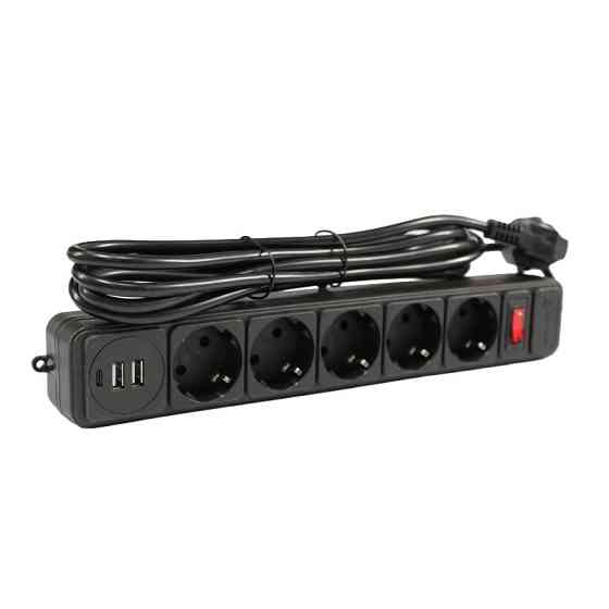 Сетевой фильтр с заземлением 5*3 метра, 2USB A + 1USB C, черный Днепр