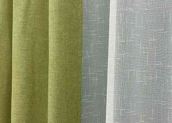 Комплект штор VR-Textil Лен Мешковина 150х270 2шт и Тюль 500х270 106ш-115т Оливковый с белым 71-025/4 Киев