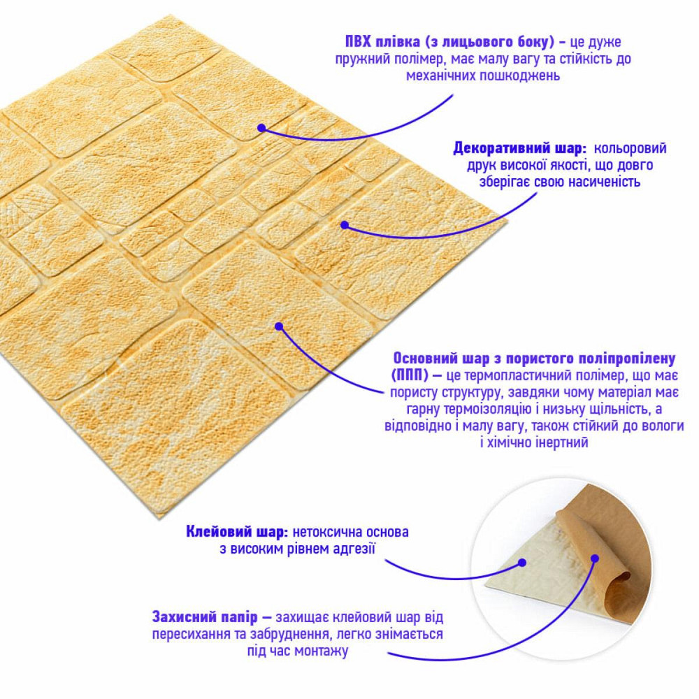Самоклеящаяся декоративная 3D панель камень желтый мрамор 700х700х6мм (152) SW-00000220 Днепр - изображение 2